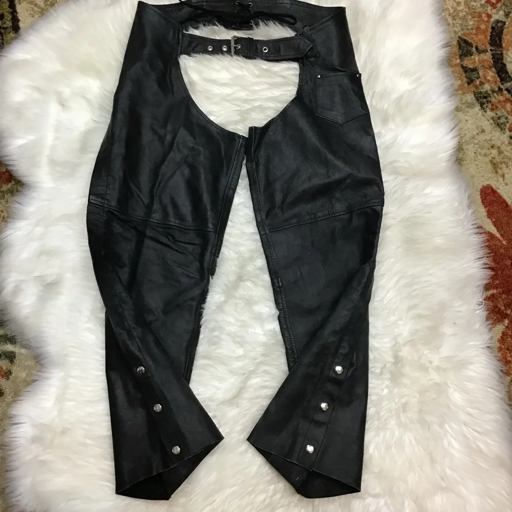Event Leather Black Motorcycle Chaps Zip Sides Snap Bottoms Pocket